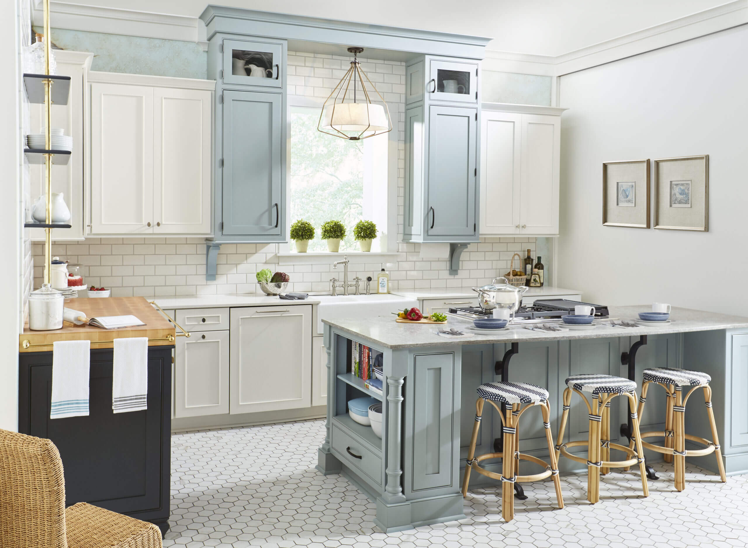 White and Blue Inset frameless kitchen cabinets with a center island 